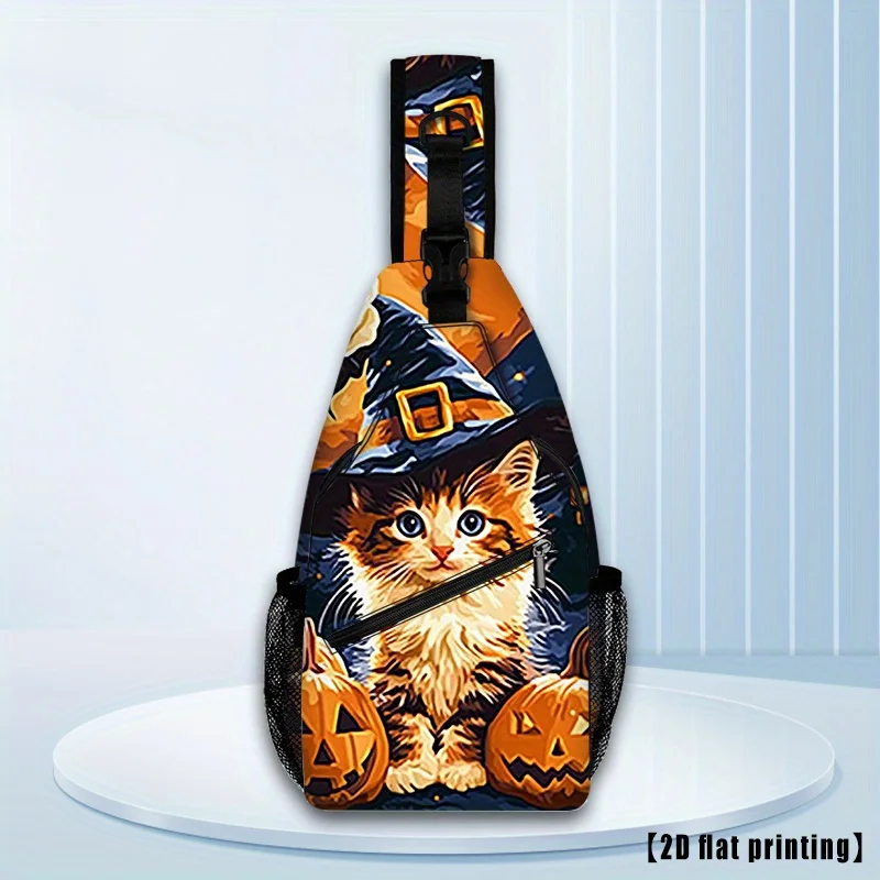 

Сумка через плечо Kawaii на Хэллоуин с шляпой ведьмы, котенок и тыква, кошелек большой вместимости, регулируемый ремень, легкая застежка-молния