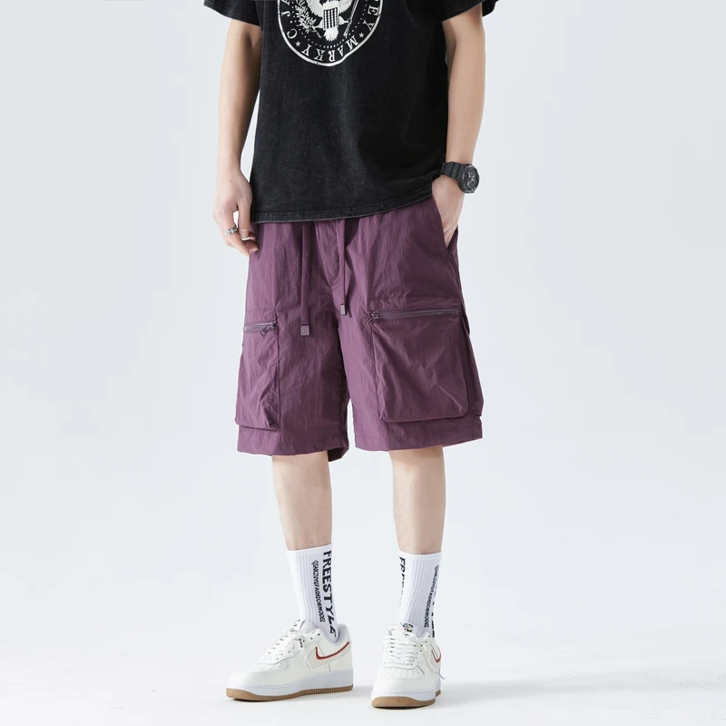 Youthful Vitality Safari Style Casual Shorts Men's Clothing Stylish Zipper Pockets Spliced Summer Loose Solid Color Knee Pants