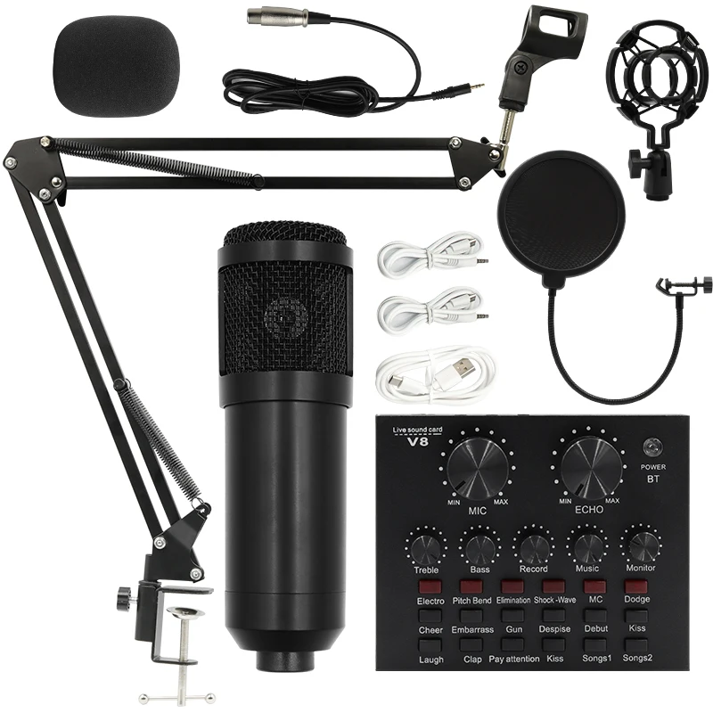 BM800 V8 Sound Card Set Professional Audio Condenser Mic Studio Singing Microphone for Karaoke Podcast Recording Live Streaming