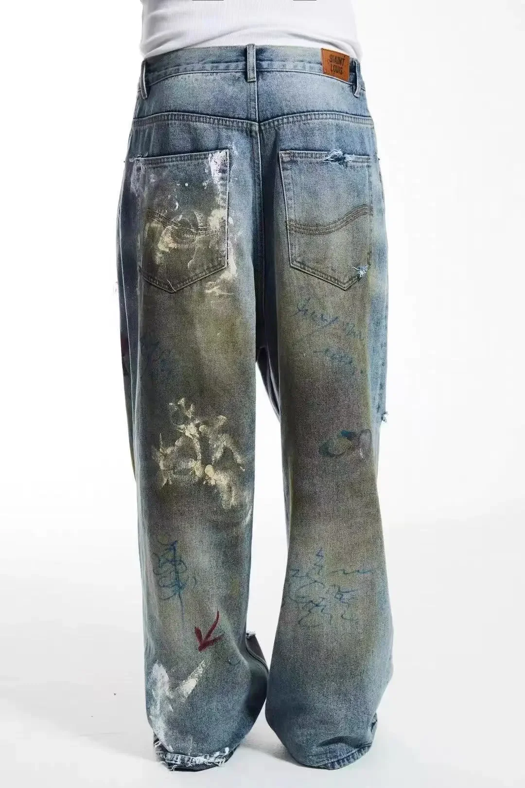 Jeans SSSAINT LOUIS de alta qualidade lavados e desgastados homens mulheres estilo graffiti vintage solto respingos jeans