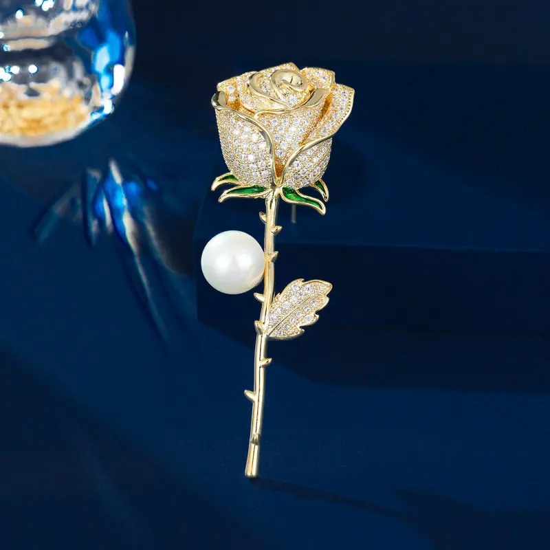 Chinese Style Lucky Blessing Full Paved Zircon Pearl Rose Brooch Luxury Lapel Pin For Winter Coat Wedding Party Daily Wear Gift