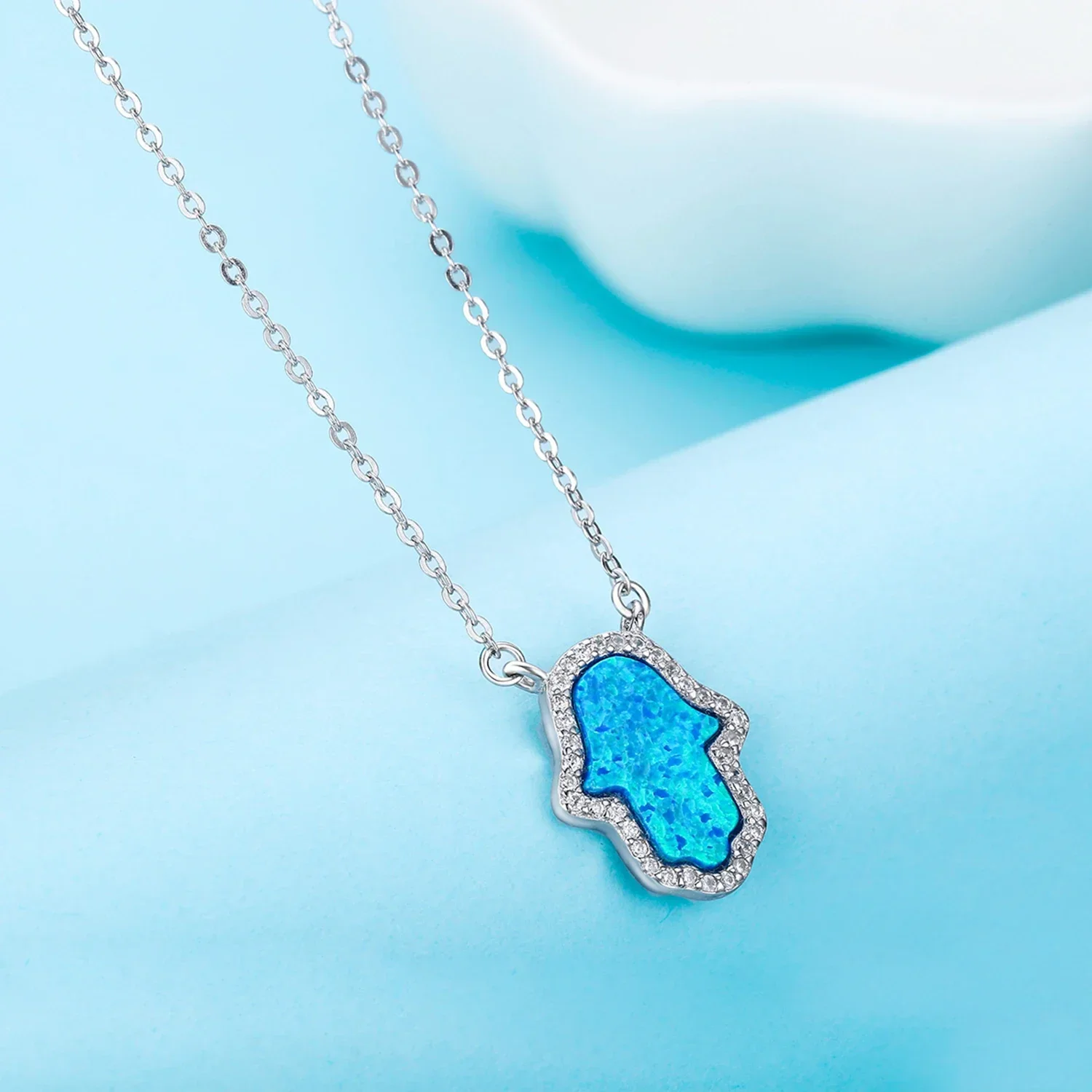 TONGZHE Luxury Synthetic Opal Hamsa Hand Pendant Necklace Sterling Silver 925 Jewelry Necklace Women Cable Chain 16\