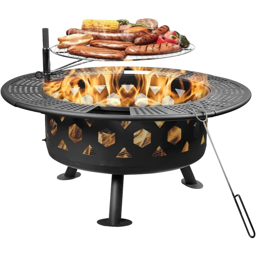 

32 Inch Outdoor Fire Pit, 2-in-One Large Camping Fire Pits for Outside with Cooking Grill and Fire Poker, Wood Burning Firepit f