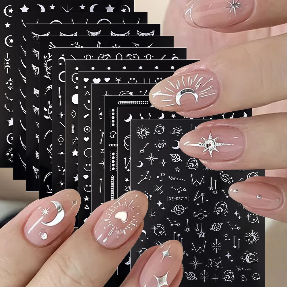 1Pc Metallic Silver Star Moon Sun Nail Art Sticker 3D Bronzing French Tassel/Curve Lines Decals Self-Adhesive Manicure Sliders