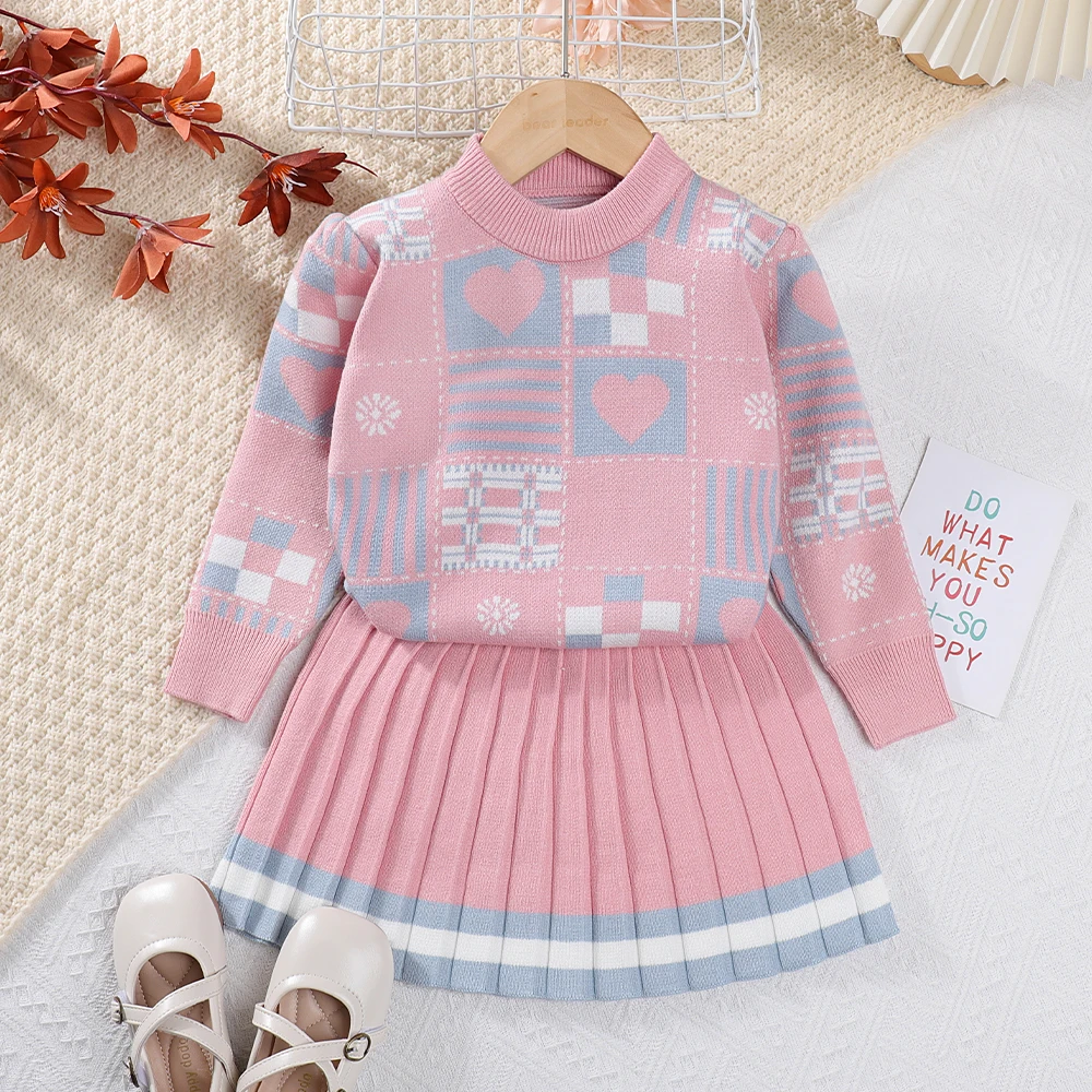 Bär Führer Mädchen Pullover Sets 2023 Herbst/Winter Stricken Set Mädchen Geometrische Gedruckt Stricken Top + Gestreiften Falten rock Zwei Stück Set