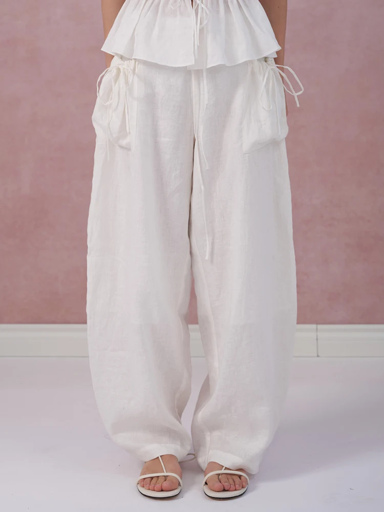 

Eliatelier Original Pure Linen Dstring ket Wide Leg Flower Bud Pants Casual Trousers for Women Spring 2025