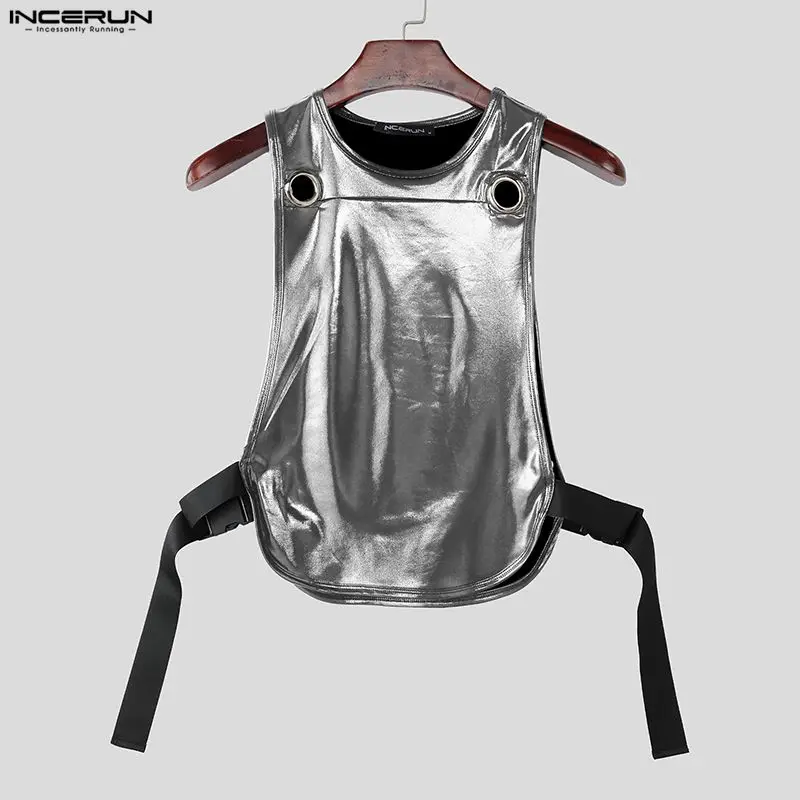 INCERUN Herren Tanktops Glänzende Einfarbige O-Ausschnitt Ärmellose Männerwesten Sommer Party Mode Herrenkleidung Ausgehöhlte Split-Tops