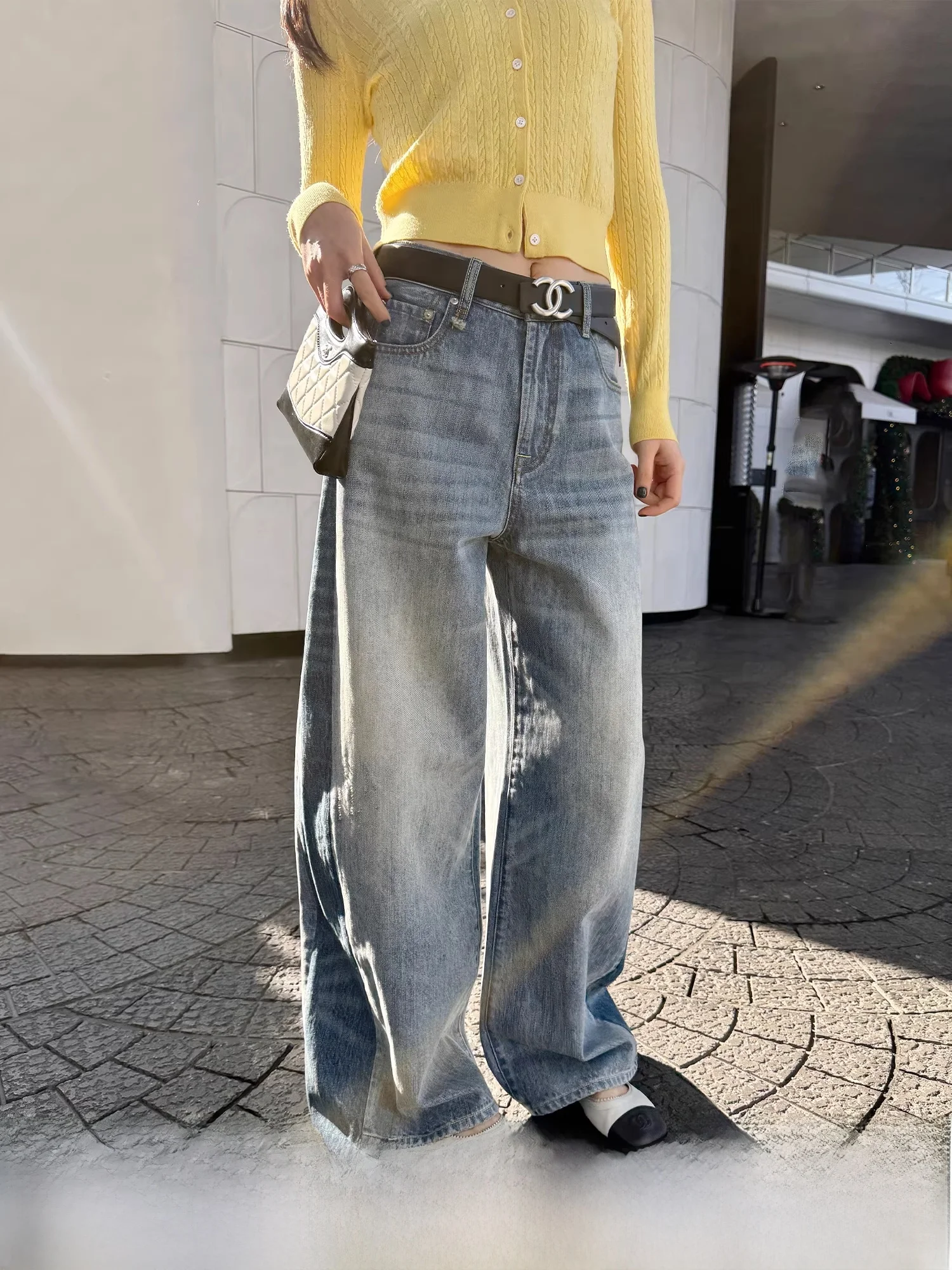 

Модные уличные джинсы с высокой талией из хлопкового денима, женские широкие брюки с цветными вставками по бокам, повседневные джинсы с эффектом потертости