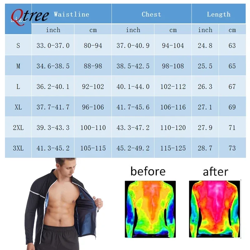 Qtree Men Long Sleeves Sauna Shirts Waist Trainer Body Shaper Zipper Hot Thermo Slimming Workout Weight Loss Workout Sweat Tops