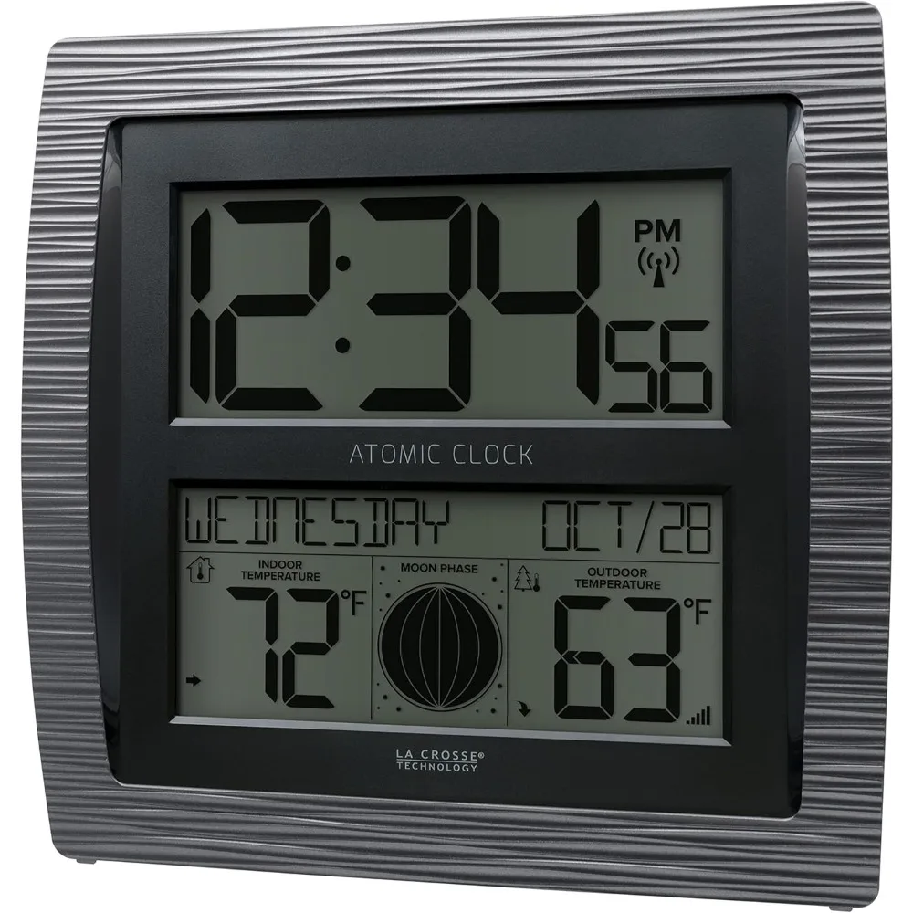 ساعة رقمية ذرية منحنية مع مرحلة القمر ودرجة الحرارة - حفظ الوقت الدقيق للمكتب المنزلي