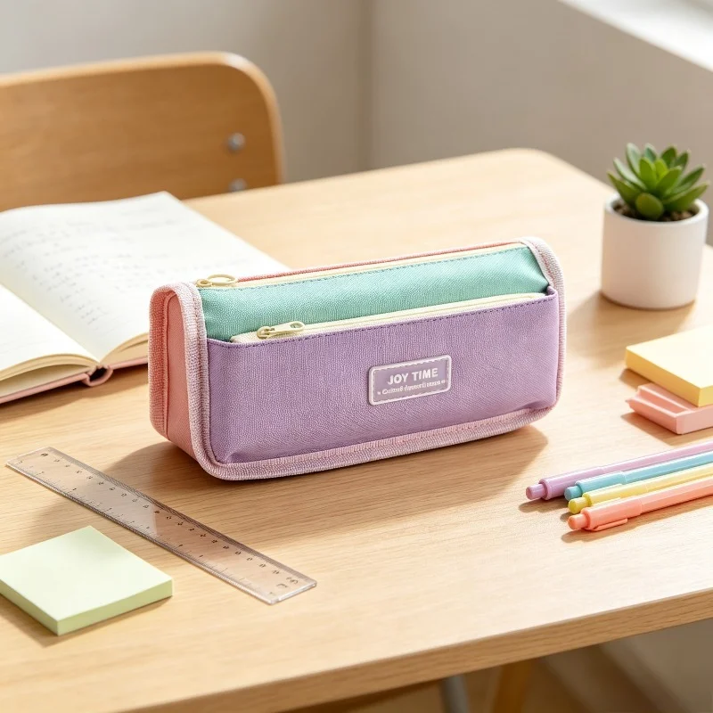 1Pc Color‑Block Double‑Layer Oxford Pencil Case, Large‑Capacity Zipper Pen Bag, Portable Stationery Pouch for School Students