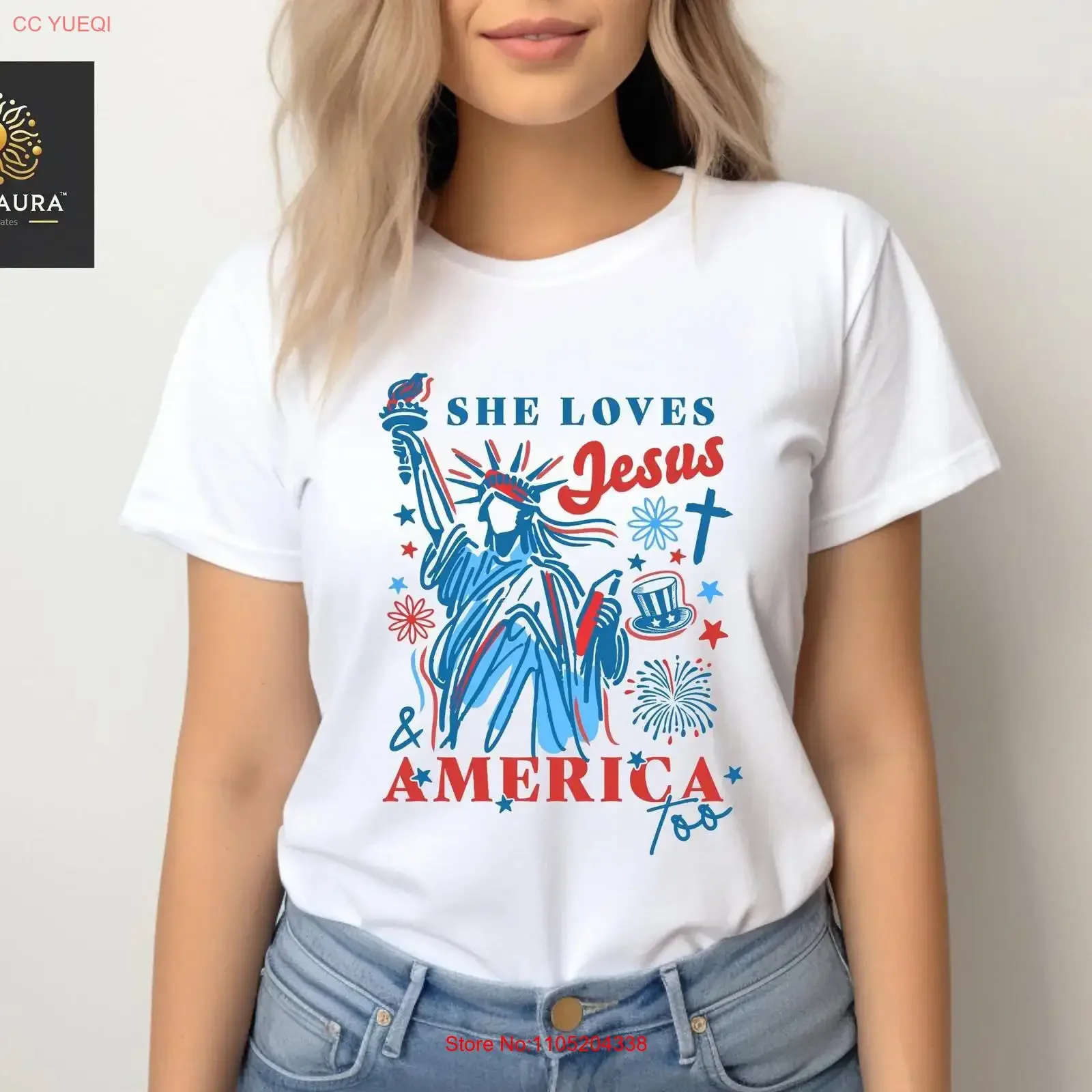 

She Loves Jesus and America too T Shirt 4th July Faith Christian needs Retro Usa vintage Washed Stylish Comfortable Soft