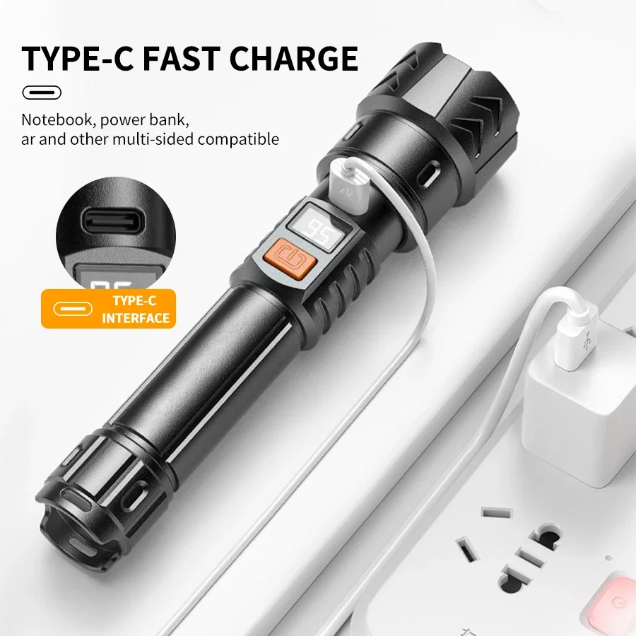 2 Pack High Strong Power Led Flashlights Tactical Torch with Display Light USB Charging Camping Fishing Emergency Zoom Lantern