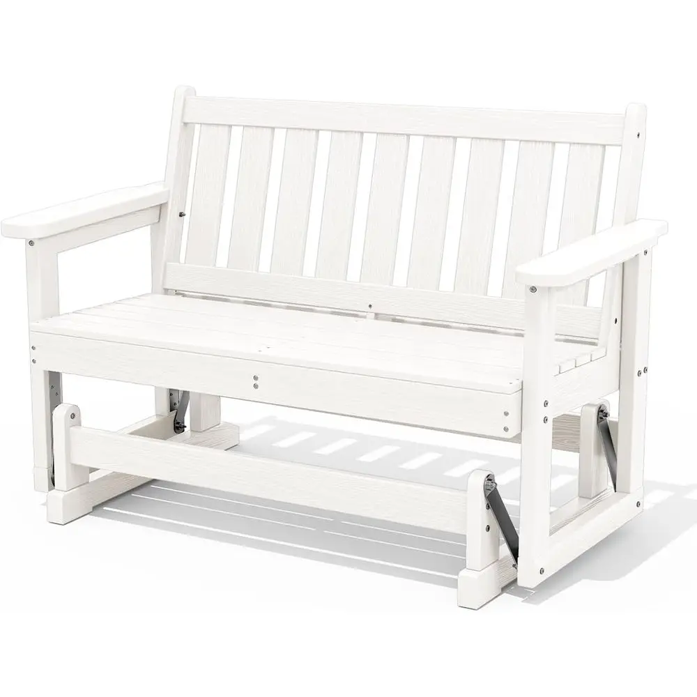 SERWALL 2 Person Patio Glider Bench, HDPE All Weather Swinging Bench, White