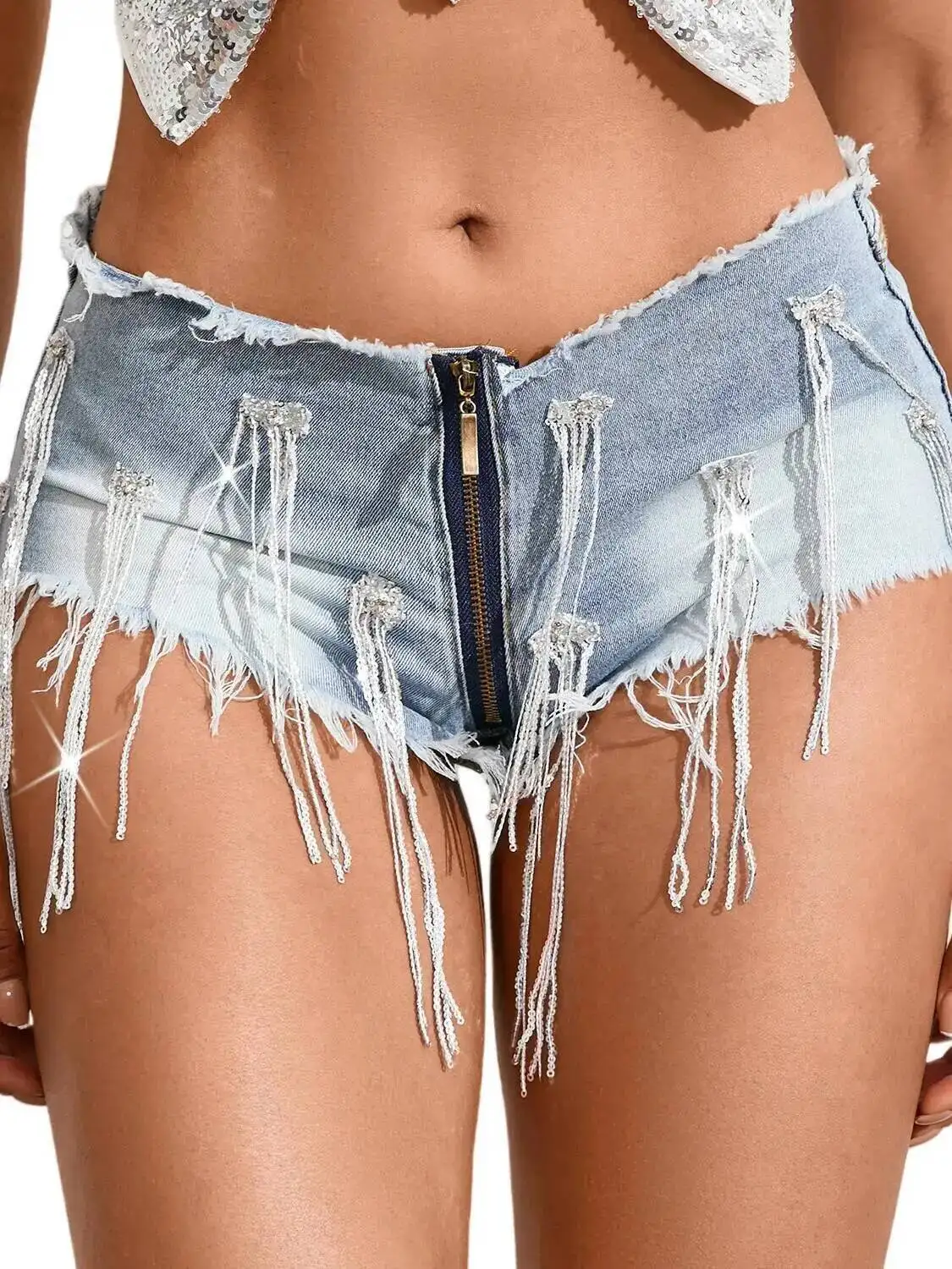 الترا منخفضة الخصر الساخن فتاة الجينز سستة السراويل أنيقة مثير الترتر شرابة الدنيم عادية السراويل النساء مرونة عالية ممزق WQE0