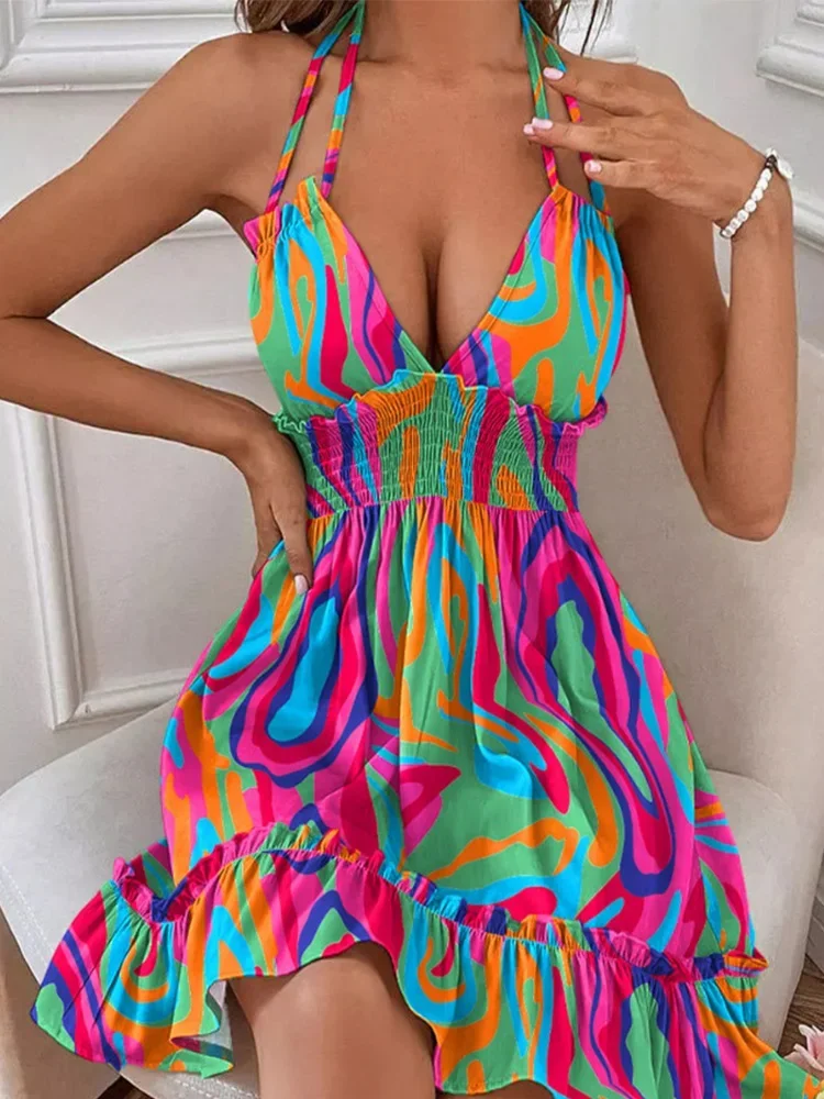 

Summer Deep V Backless Dress Women Sexy Sleeveless A-Line Mini Dresses