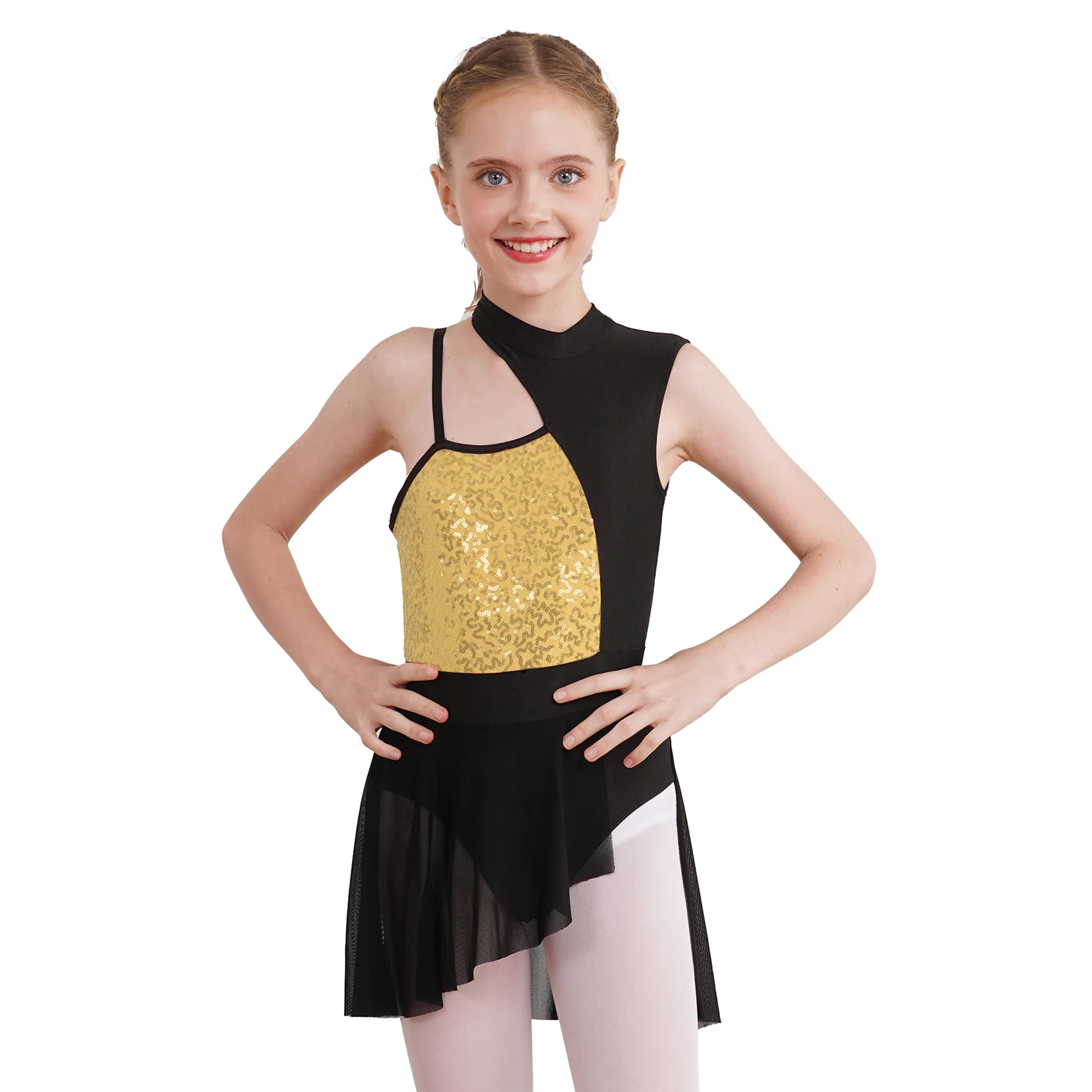 Kids Girls Ballet Dance Costume Sequins Mesh Contemporary Lyrical Dance Dress Leotards Tutu Skirt Modern Performance Dancewear