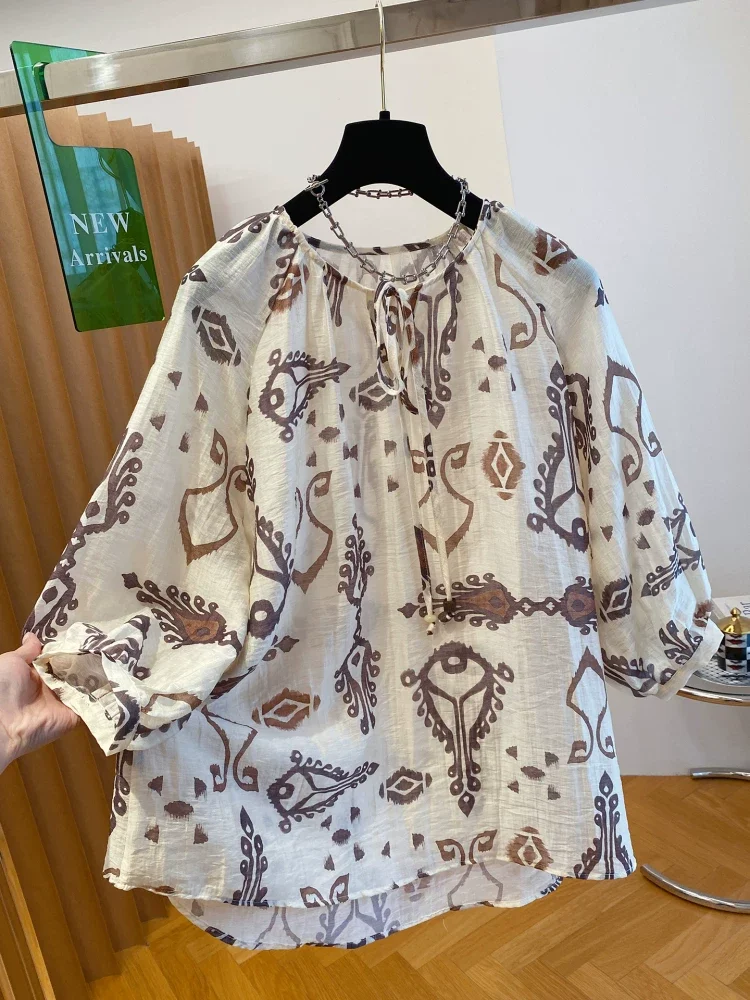 

Boho Summer Print Floral Cotton Shirt Women Lace Up Loose Chic Blouse Woman Ladies Tops Chemise Femme