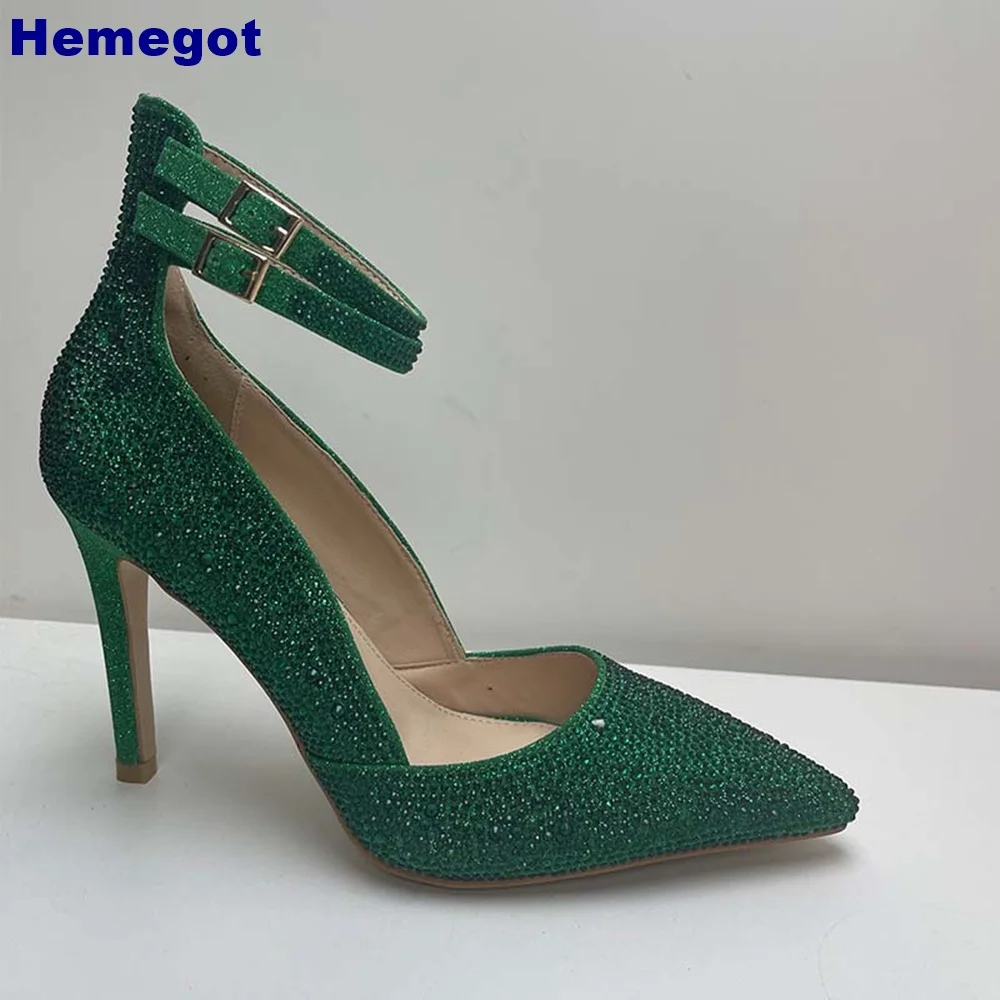 

Crystal Bling Bling Pointed Luxury Sandals 2024 Summer Sexy Banquet Buckle High Heels Fashion Ladies Pink/green Cover Heel Pumps