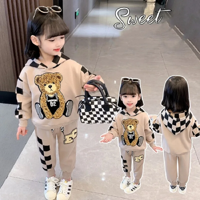 

Baby Girls Cotton Hooded Plaid Lovely 3D Flocking Bear Sweatshirt+Drawstring Sweatpant Kid Tracksuit Child Jogger Outfit 1-10Yrs