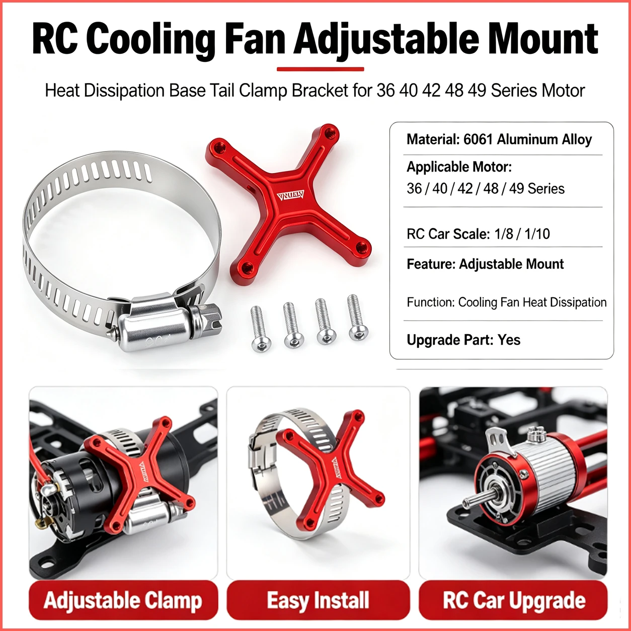 RC Cooling Fan Adjustable Mount Heat Dissipation Base Tail Clamp Bracket For 36 40 42 48 49 Series Motor 1/8 1/10 RC Car Upgrade