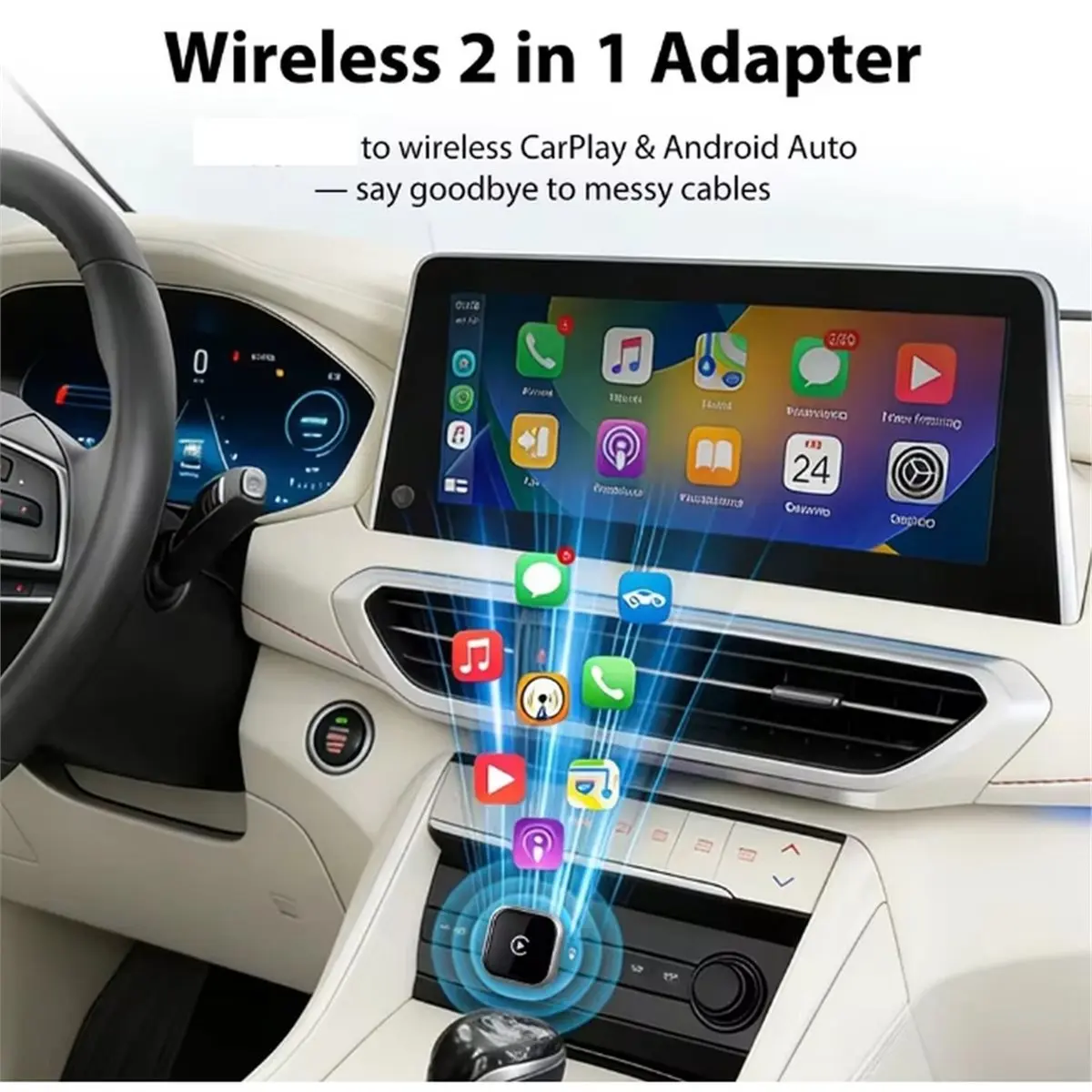 AU47-Wireless CarPlay Adapter Android Auto 2in1 Wired to Wireless CarPlay Android Auto Bluetooth USB Type-C Plug and Play