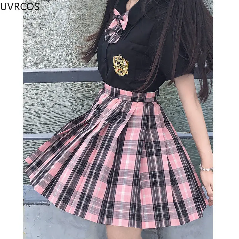 Gonne scozzesi dolci stile Preppy giapponese donna gotico rosa nero minigonna a pieghe a vita alta Kawaii Girls JK Uniform Harajuku