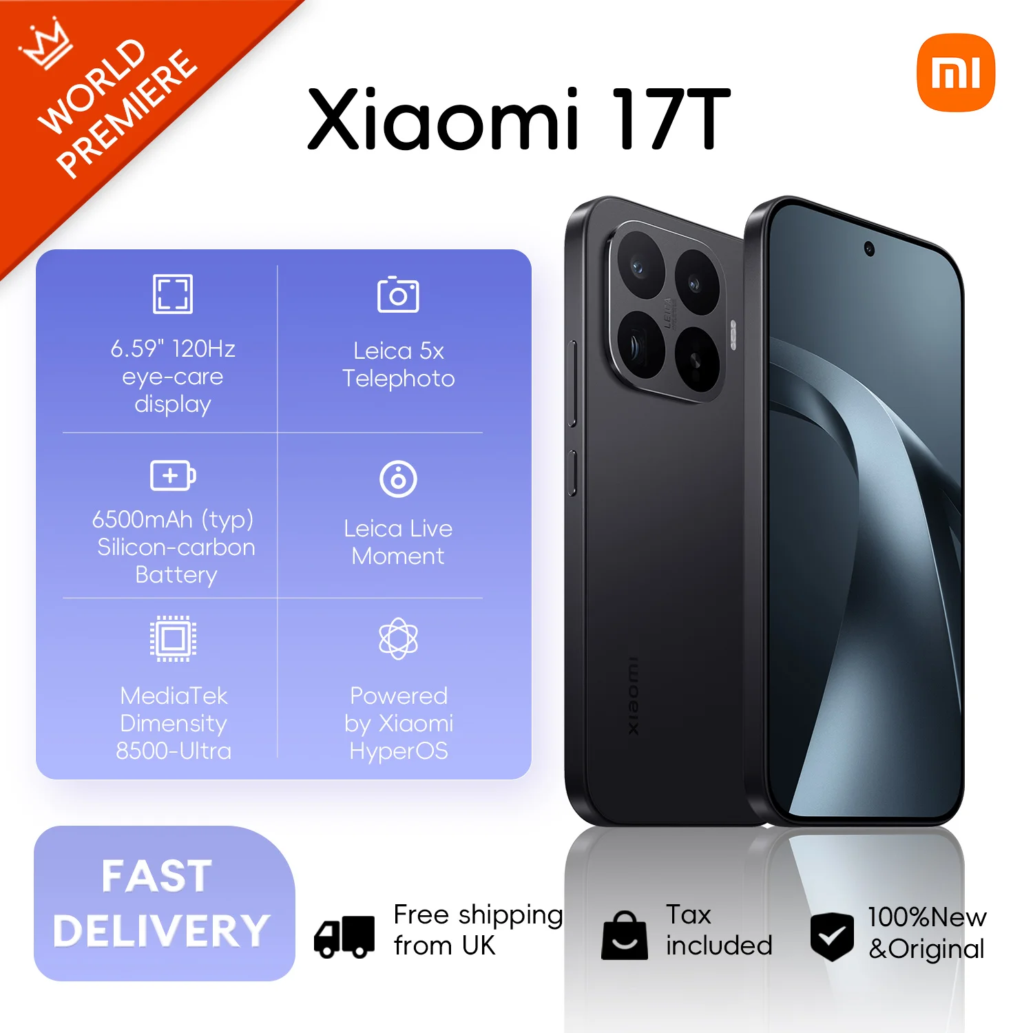 Xiaomi 17T 5G, 12+256GB Global Version, MediaTek Dimensity 8500-Ultra 6.59" 120Hz 1.5K AMOLED Display 6500mAh 67W 50MP Dual eSIM NFC