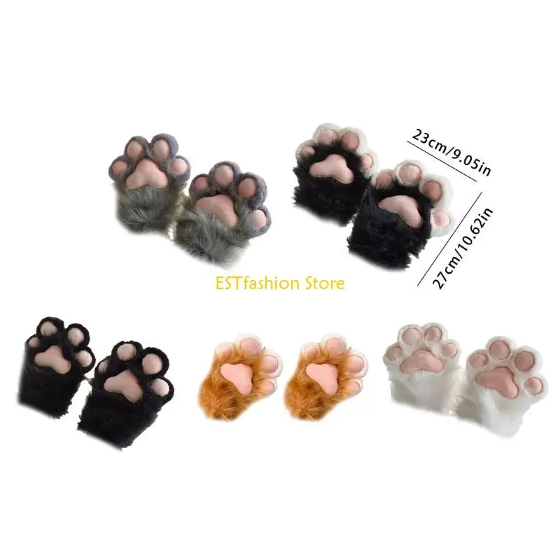 Y5GC Pelzige Tierpfoten-Handschuhe für Teenager, Erwachsene, Katzenpfoten, Plüschhandschuhe, Anime-Fäustlinge für Halloween,