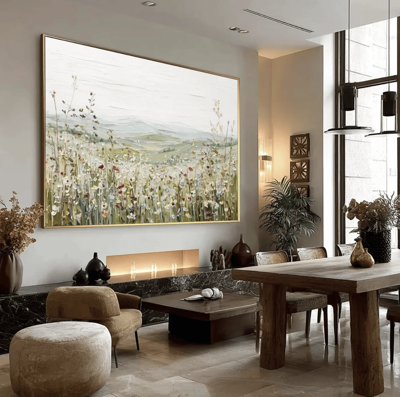 Neutral Wildflower Field Canvas Prints, Impasto Textured Country Meadow Posters Living Room Bedroom Farmhouse Home Decor