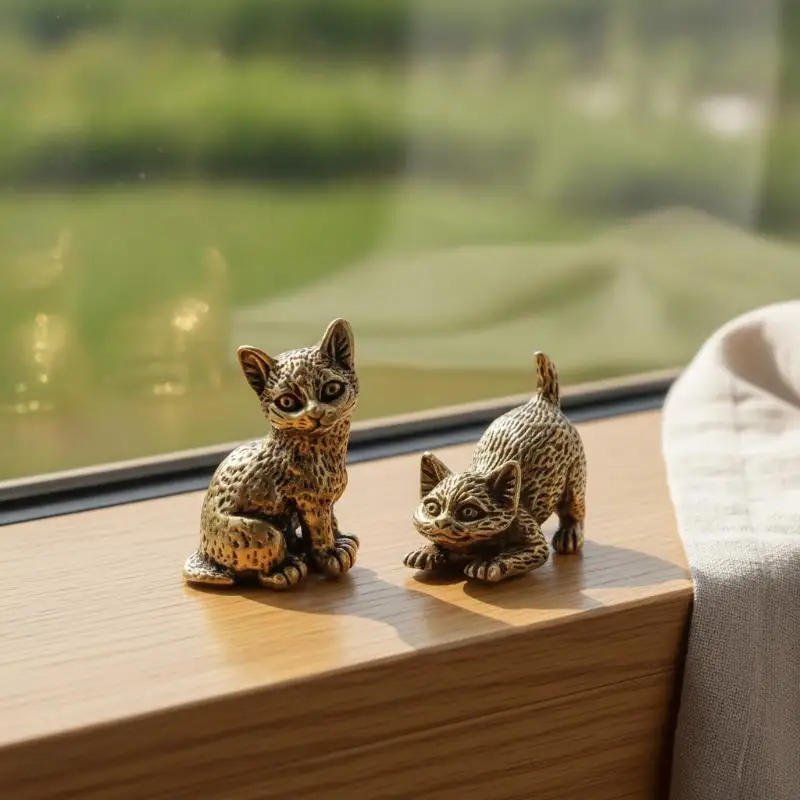 [1Pc Small Brass Cat Figurine With Exquisite Engraved Texture Perfect For Home Desktop Decor Collectible Gifts]