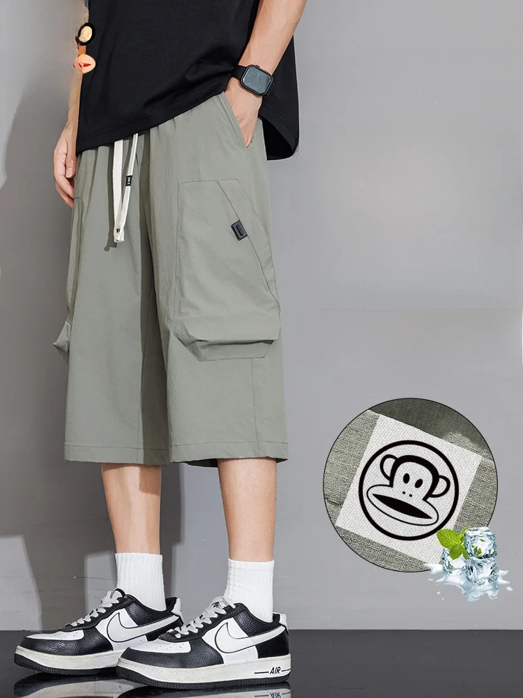 

PaulFrank Ice Silk Thin Workwear Seven-Foot Pants Men Summer Trend Loose Straight Casual Mid-Pants Comfortable Loose Fit