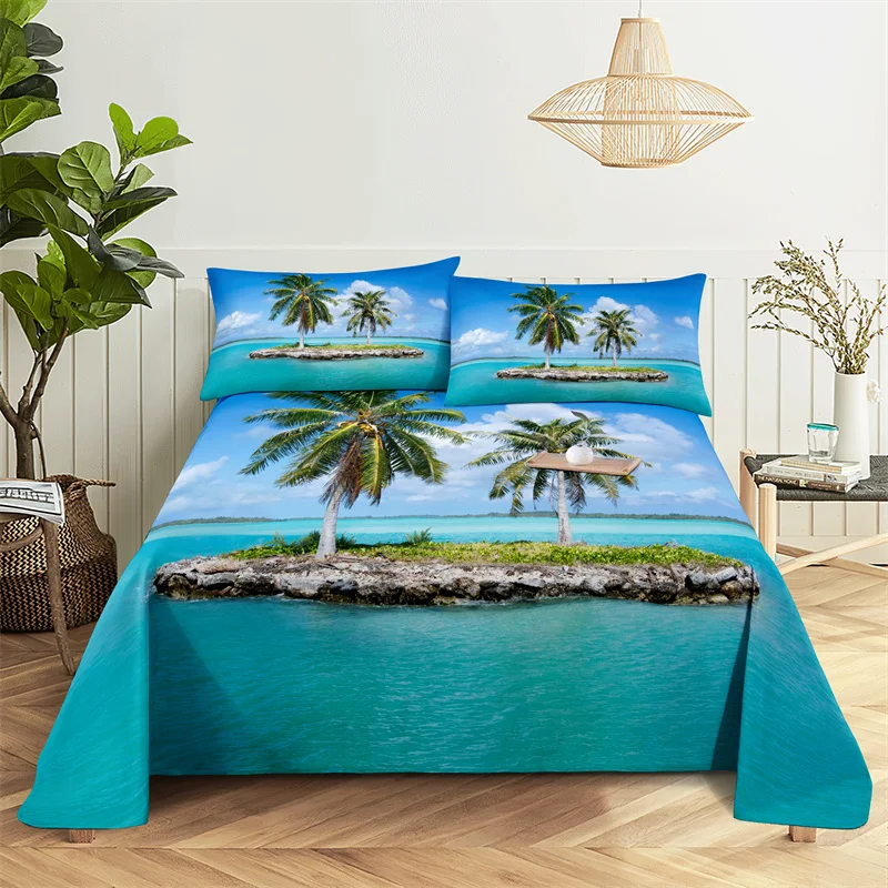 

Bedding Sets Beach Print Bed Sheet Fashion Design Double Flat Sheet Boys Girls Bed Sheet Set Bed Sheets and Pillowcases