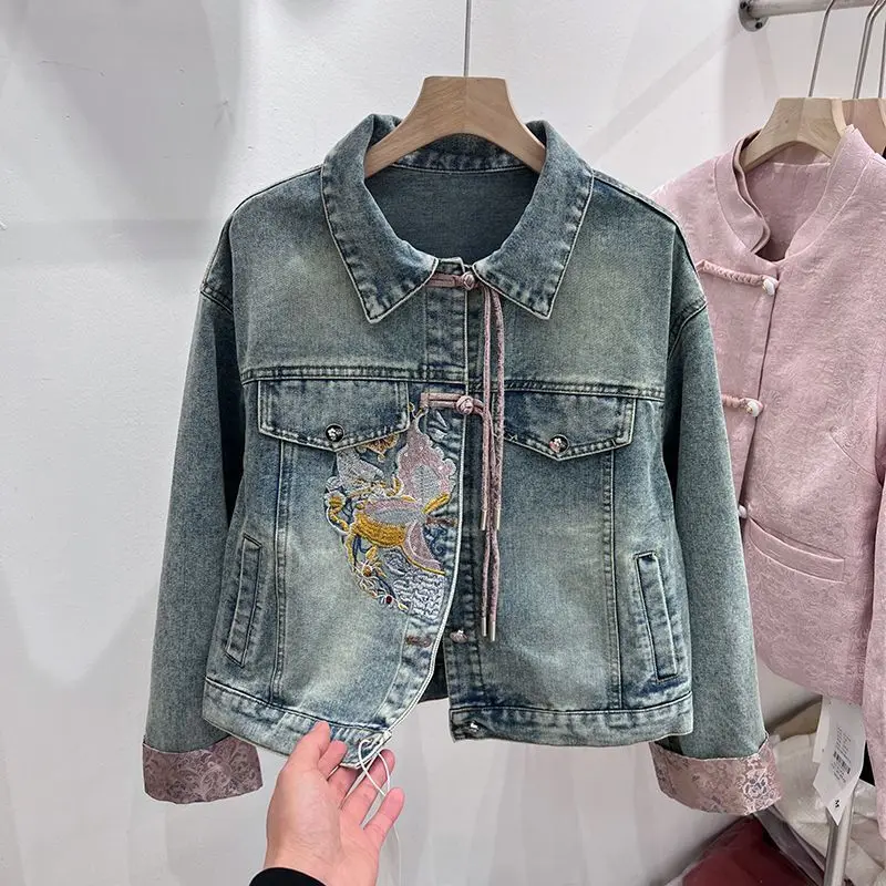 Vintage Denim Short Jacket Women\'s 2024 Spring New Chinese Style Embroidered Denim Outwear Trendy Long Sleeve Casual Jeans Coats