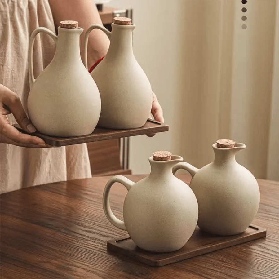 2 Pieces/1 Piece 500ml (17 oz)/600Ml (20 oz) Ceramic Oil Bottle with Cork Stopper, Round Kitchen Condiment Dispenser for Soy Sauce, Vinegar, Olive Oil, and Peanut Oil