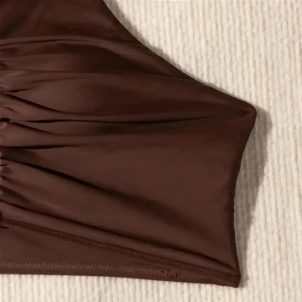 بني داكن الصلبة ملابس السباحة الرسن سلسلة رفع بيكيني عالية الخصر 2025 Ruched مثير ملابس السباحة لباس سباحة البيكينيات مجموعات امرأة