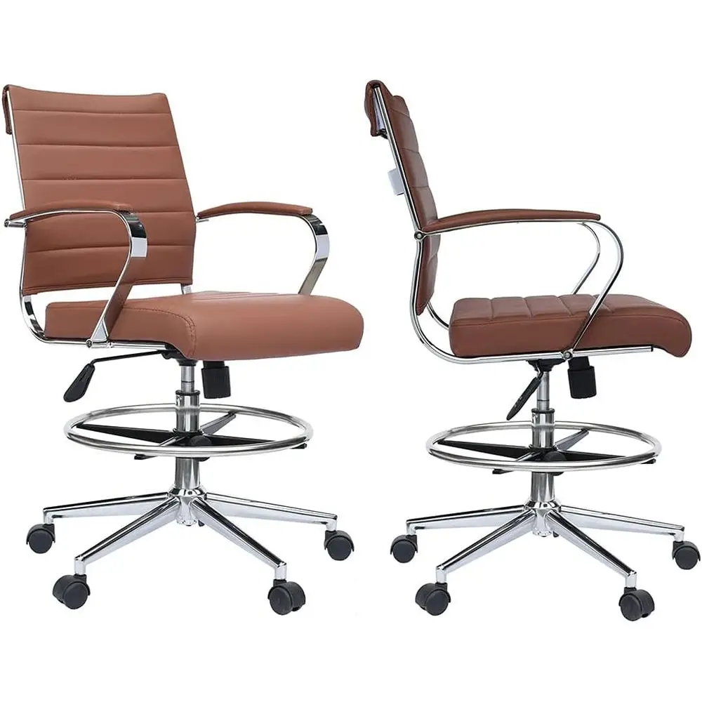 

Upholstered PU Leather Ribbed Back Swivel Chair with Adjustable Base and Leg Rest | Padded Seat, Locking Feature | Computer Armc