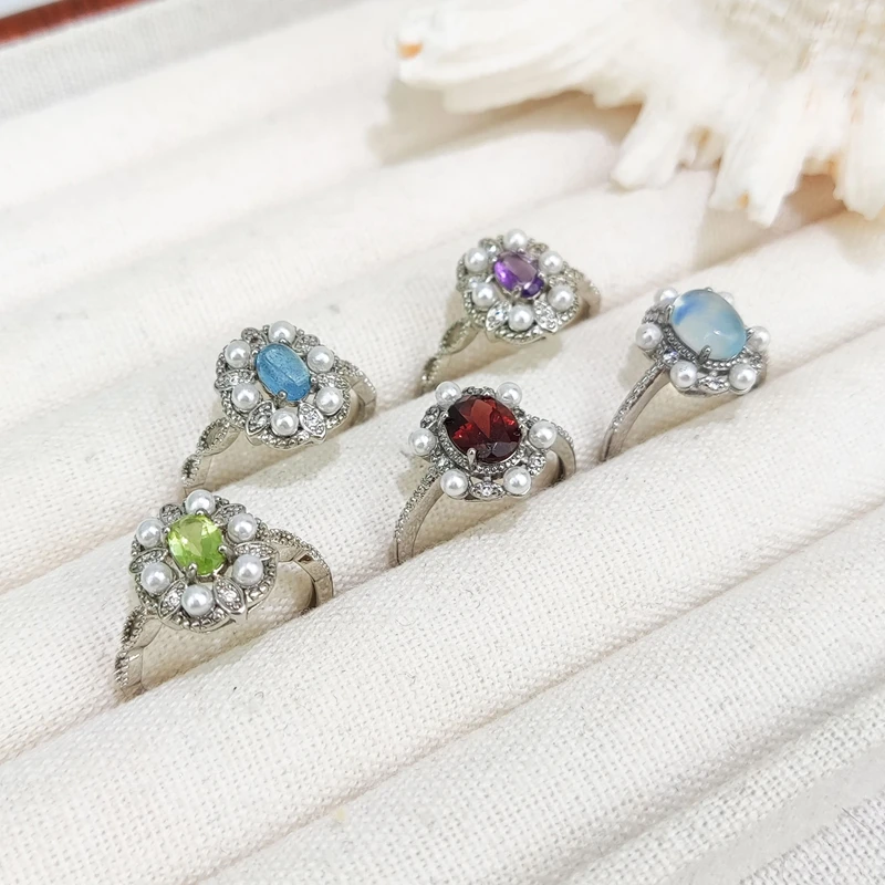 Exquisite Adjustable Silver Color Ring Inlaid Oval Shape Natuarl Stone Aquamarine Olivine Charm Jewelry for Women Wedding Gifts