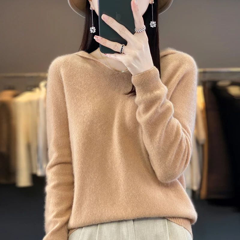 Pull à capuche en cachemire avec col en V pour femme, 100% laine mérinos, haut à capuche, vêtements d\'hiver et d\'automne