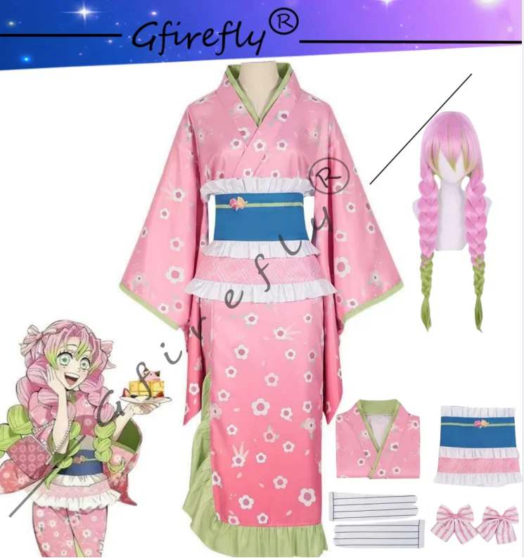 

Anime Movie Cosplay Costume Kanroji Mitsuri Character Style Kimono Costume Accessories Wig Complete Set for Halloween