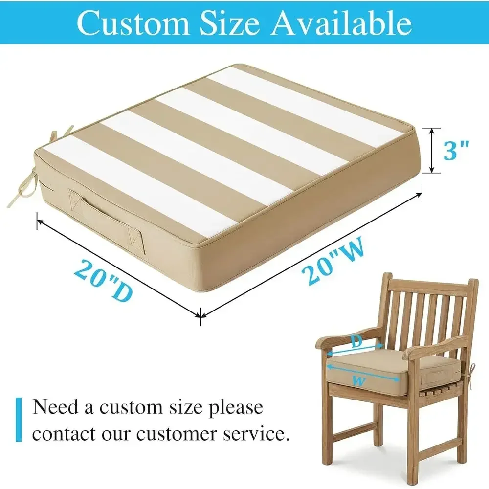 Set of 4 Weatherproof Outdoor Chair Cushions, 20x20x3, Stripe Pattern, Reversible with Ties, Handle, and Zipper, Beige