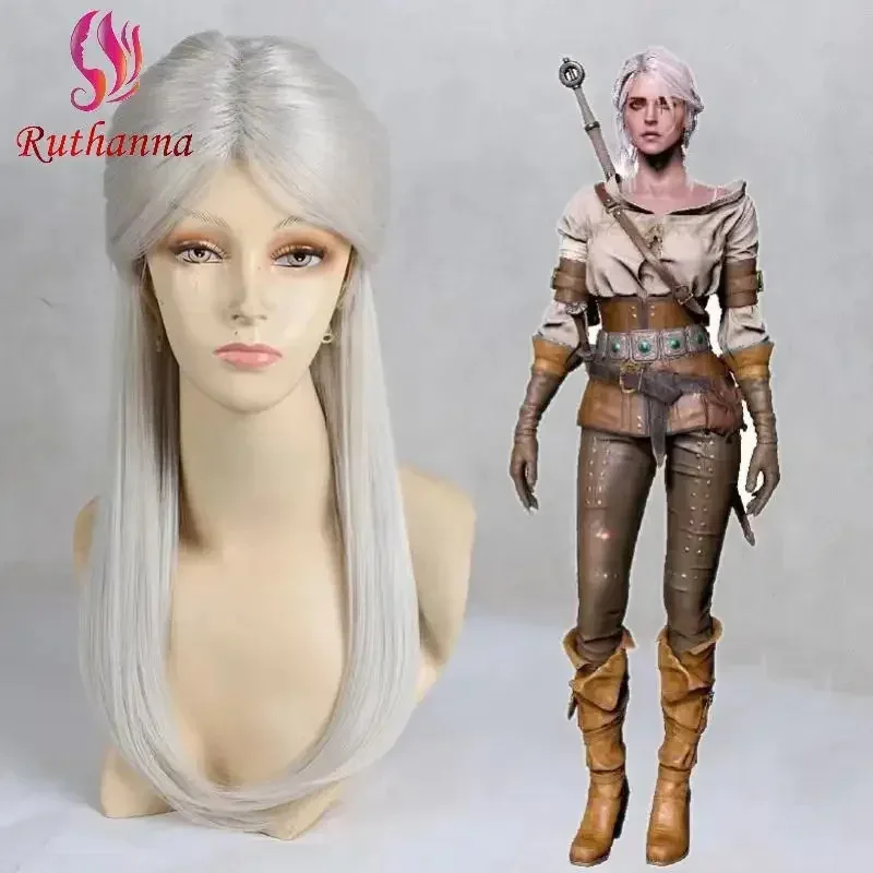 Witcher3 Wild Hunt Ciri-Peluca de Cosplay, peluca recta larga sintética blanca plateada, Coser, chica bonita, fiesta de Halloween de alta calidad