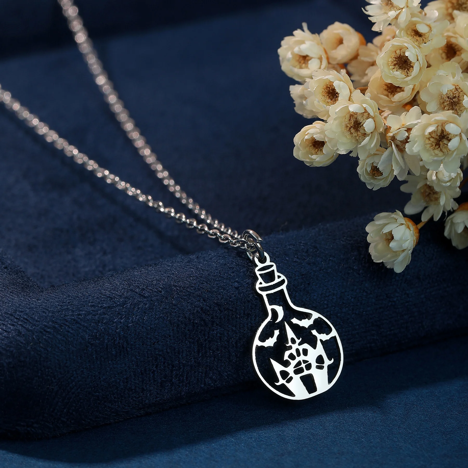 Chandler Bottle Pendant Haunted Mansion Moon and Bats Charm Necklace Halloween Gift