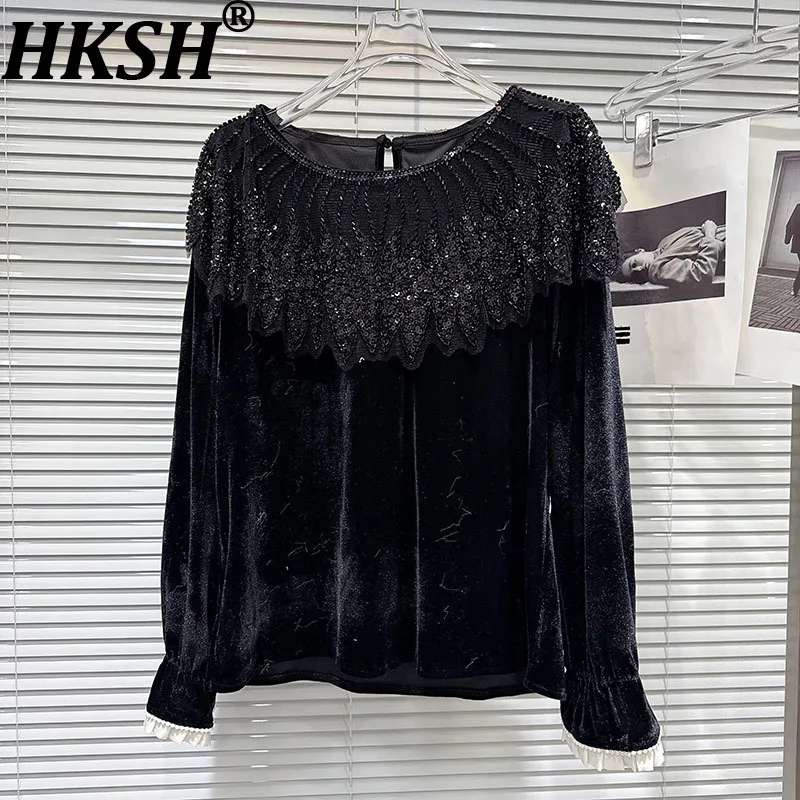 

HKSH Весна Осень Новая женская футболка с круглым вырезом и длинным рукавом с блестками и вышивкой, расклешенная шаль, бархатная рубашка, элегантный топ HK12017