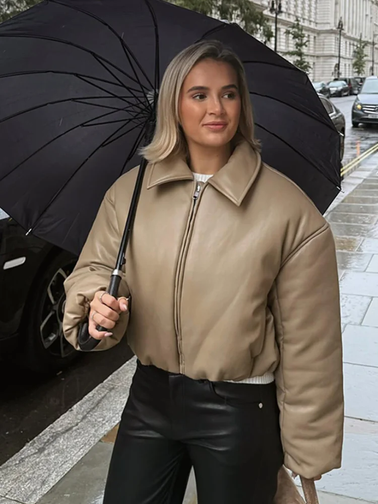 

Women Chic Artificial Leather Oversized Short Warm Coat Cool Long Sleeve Lapel Zipper Jackets Retro Style High Street Outwear