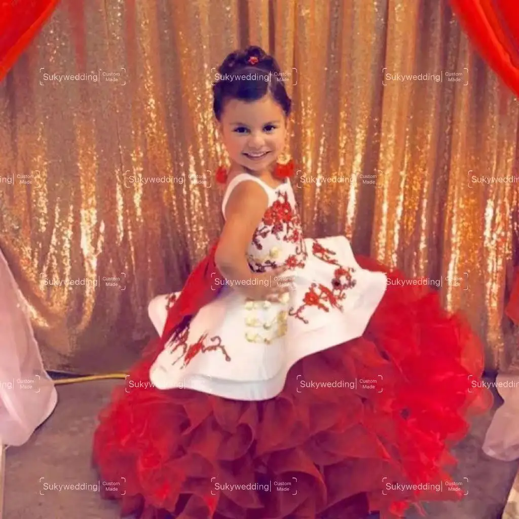 

Lovely Red Toddler Pageant Dresses Spaghetti Strap Appliques Ruffle Tiered Flower Girls Dresses Customized Beaded Kids Prom Gown