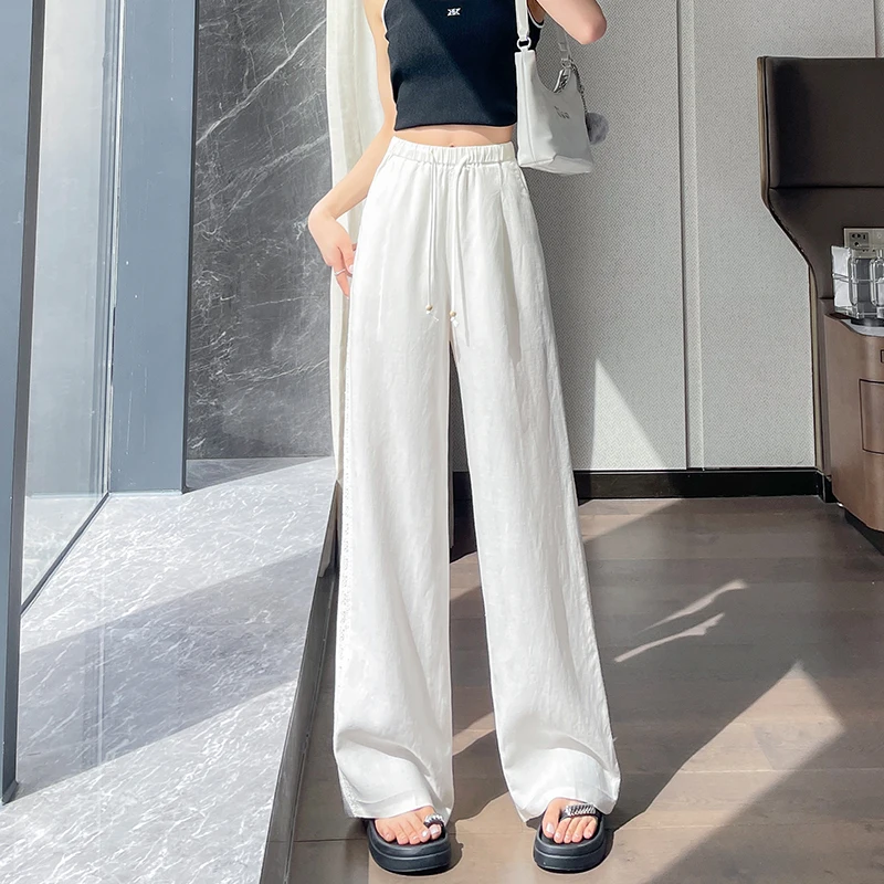 2025 Summer New Ice Silk Linen Wide Leg Pants for Women Comfortable Thin High Waist Yamamoto Pants Casual Lace Splicing Pants