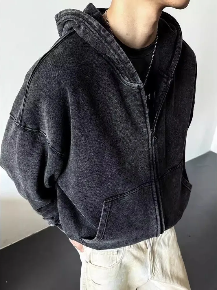 

Мужской утепленный кардиган-толстовка с капюшоном, плотный, 300 фунтов, винтажный, с эффектом потертости, на флисовой подкладке, осенне-зимний, универсальный