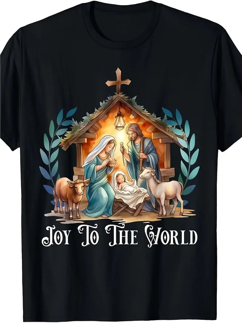 Vintage Christmas T-Shirt, Black Nativity Scene Tee With Mary, Jesus, Lambs & Cross, Joy To The World Religious Holiday Gift