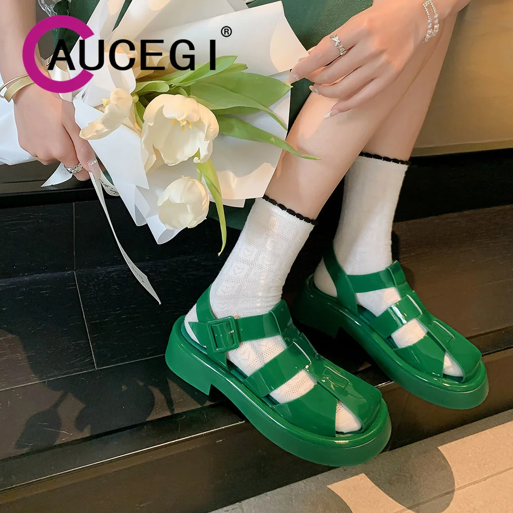 

Aucegi New Design Women Gladiator Sandals Summer Hollow Out Roman 2024 Round Toe Beach Chunky Heels Daily Life Casual Footwear